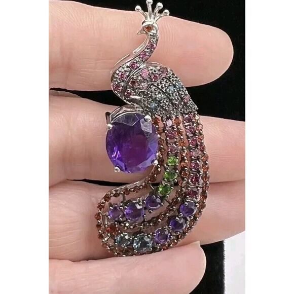 925 Sterling Crystal Peacock Pendant Necklace 2” Signed DK Bird Rhinestones - Picture 8 of 8